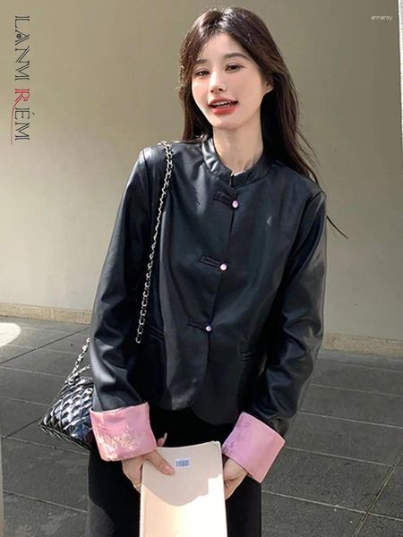 Lanmrem couro feminino streetwear preto jaquetas feminino gola disco fivela manga emendado design casaco moda 2024 25219