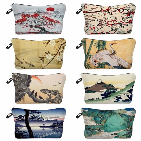 Bolsa de maquiagem para viagem de praia Mulheres Eco Reutilizável Japonês Ukiyoe Design Bolsa de cosméticos Bolsa de higiene pessoal Mini Crane Designer t7os #