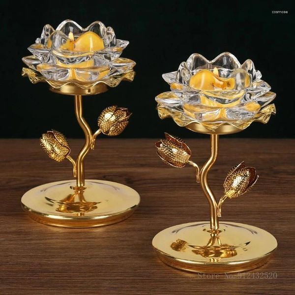 Castiçais um par criativo buda liga cristal lótus castiçal casa sala de estar utensílio ornamentos decoração plataforma de pé alto