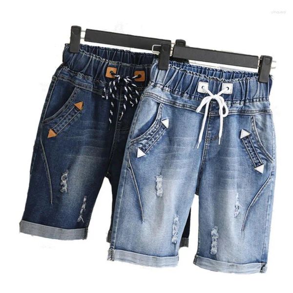 Frauen Jeans 2024 Plus Größe Sommer Ripped Denim Kurze Frauen Casual Lace Up Capris Damen Breite Bein Harem Hosen 4XL 5XL C3200