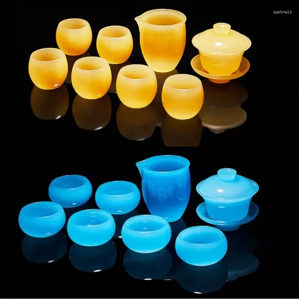 Conjuntos de chá Ice Blue Jade Porcelana Tea Set 8 Pcs Chinês Copo Colorido Glaze Tureen Dispenser com caixa de presente