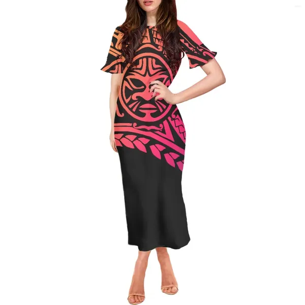 Partykleider Tradition Triba Sommer Tattoos Totem Print Kleidung Schickes und elegantes Damenkleid Kurze Rüschenärmel O-Ausschnitt Sexy lang