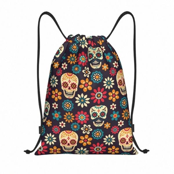 Tag der Toten Muster Kordelzug Rucksack Frauen Männer Gym Sport Sackpack Faltbare Zucker Schädel Santa Muerte Training Tasche Sack P3C1 #