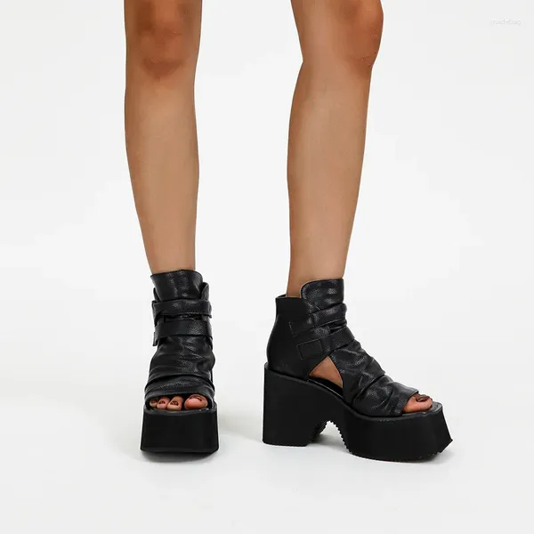 Kleid Schuhe 10 cm Damen Keil Sandalen Schwarz Echtes Leder Plattform Chunky High Heels Punk Sommer Stiefel Frauen Keile
