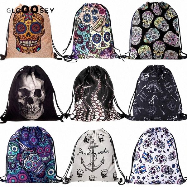 Impressão 3D Drawstring Bag Travel Canvas Draw String Bag crânio Polvo Padrão Harajuku Gótico Mochila Schoolbag f3UP #