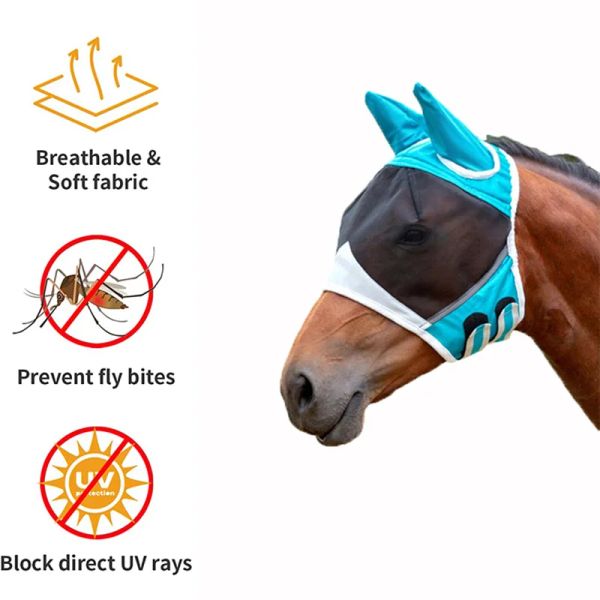 Trasportini Maschera per cavallo traspirante Anti zanzara Cappuccio per cavallo anti-UV Pet Protezione per gli occhi estiva Insetti per le orecchie Mezza faccia Maglia Copertura protettiva per mosche