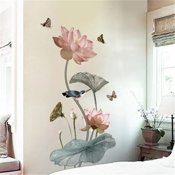 Adesivos de janela estilo chinês flor de lótus 3d papel de parede auto-adesivo poster sala de estar decoração sofá fundo decoração de casa diy parede