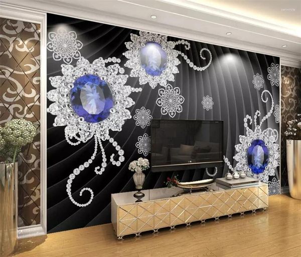Sfondi Wellyu Carte da parati Decorazioni per la casa Carta da parati personalizzata Noble Black 3D Crystal Diamond Flower Jewellery Background Papier Peint