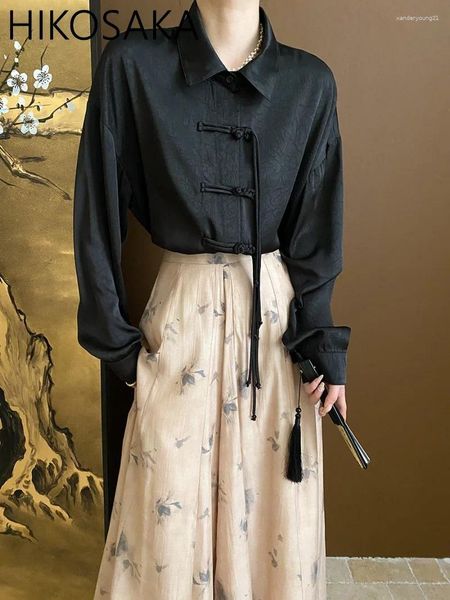 Blusas femininas chinês estilo dinheiro antigo blusa de cetim feminino borla nó botão jacquard manga longa lapela camisa 2024 primavera elegante blusa