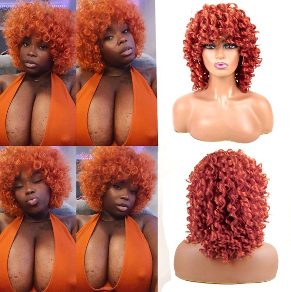 Peruklar kısa kabarık kıvırcık bob peruk zencefil afro kinky kıvırcık peruk kadınlar için bakır portakal sentetik doğal cosplay saç perukları