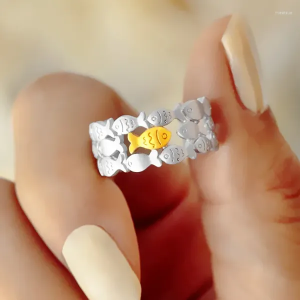 Anéis de cluster design simples prata cor de ouro forma de peixe para mulheres senhoras retro aberto ajustável anel artesanal moda jóias finas