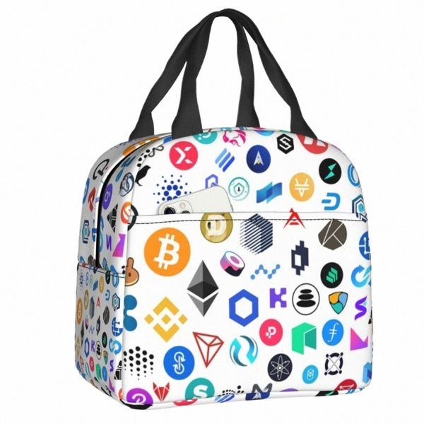 Cryptocurrency Blockchain Logo Lunch Bag Ethereum Bitcoin Cooler Lancheira com isolamento térmico para mulheres Kid Food Picnic Bags 74VR #