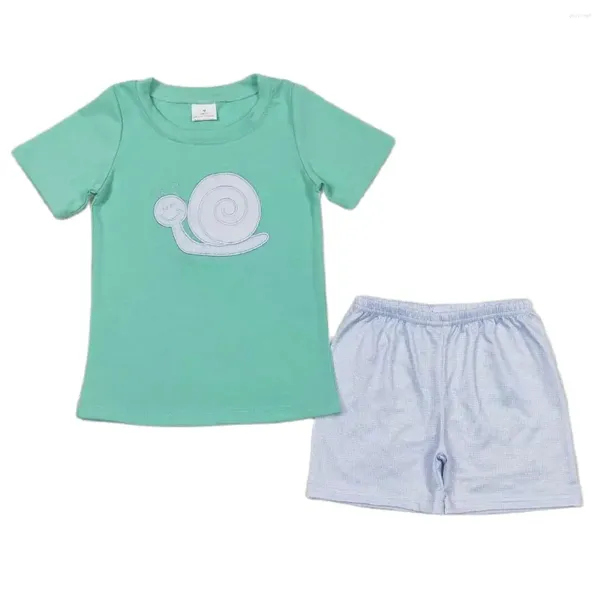 Set di abbigliamento all'ingrosso T-shirt verdi in cotone a maniche corte per bambini Pantaloncini scozzesi per bambini Completi Ricami estivi per bambini