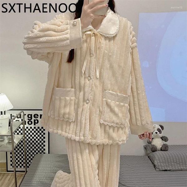 Startseite Kleidung SXTHAENOO Winter Warm halten Damen Weiß Freizeitkleidung Elegante Feen-Stil-Nachtwäsche Verdicktes Flanelloberteil Hosen Zweiteiliges Set