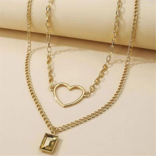 Colares de pingente vintage grande em forma de coração borda quadrada placa de ouro colar de cristal para mulheres feminino multinível colar jóias