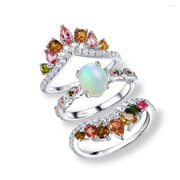 Cluster Ringe Seasky Original 925 Sterling Silve Drei Ring Set für Frauen Natürliche Opal Turmalin Edelsteine Luxus Engagement Edlen Schmuck