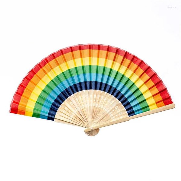 Statuette decorative 1pc Ventaglio pieghevole Fold Dot Arcobaleno Stampa Bambù nero Tessuto di nylon Festival Palmare Per Regalo