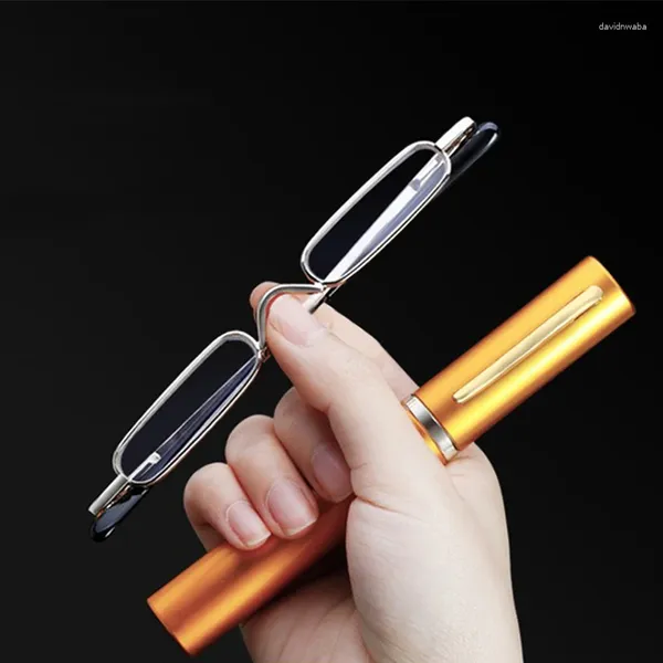 Óculos de sol unissex portátil presbiópico óculos clássico caso de metal leitura com caneta tubo primavera dobradiça óculos visão cuidados