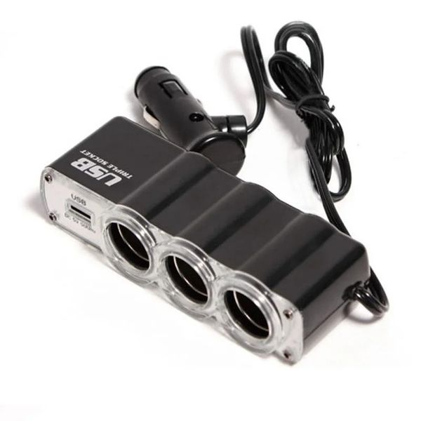 Accendisigari da uno a tre + porta USB Splitter per presa accendisigari tripla a 3 vie da auto da uno a tre + accendisigari da porta USB