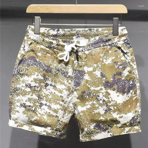 Shorts masculinos verão casual moda camuflagem estilo joelho comprimento masculino cordão elástico cintura solta praia