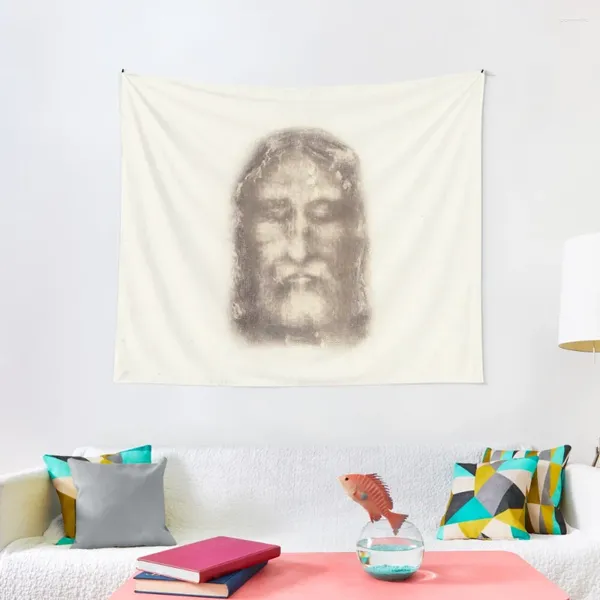 Tapeçarias Sudário de Turim Rosto Jesus Cristo com Coroa Espinhos Bege Pintura de Fundo Vintage HD Tapeçaria de Alta Qualidade
