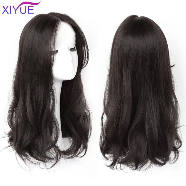 Xiyue longo sintético encaracolado perucas com franja central natural encaracolado marrom escuro perucas para mulheres cosplay perucas de fibra resistente ao calor