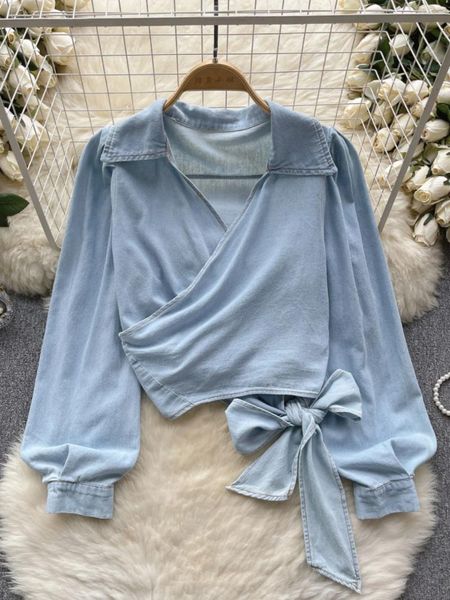 Camicette da donna Vintage Chic Denim Donna Lace-up Turn Down Scollo a V Manica lunga Donna Blusas De Mujer Causale Streetwear Blusa Dropship