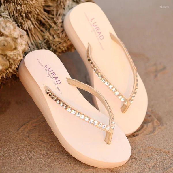 Hausschuhe 2024 Mode Sommer Wedges Flip Flops Dicke Diamant Damen Casual Frauen Flache Strand Slipper Sandalen Schwarz Beige Braun