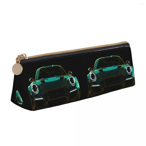 Borse da scuola Astuccio in pelle per auto sportiva classica Line Art Neon College per adolescenti Scatola con cerniera Penna triangolare grande retrò