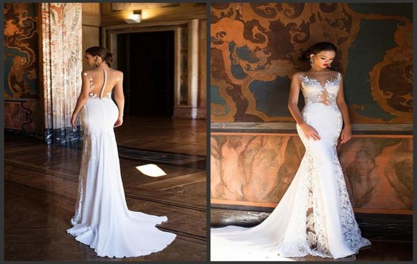 2020 Nuovi Milla Nova Abiti da sposa a sirena Sexy Sheer Neck Aperto Indietro Abito da sposa in pizzo pieno Abiti da sposa da spiaggia 3928337767