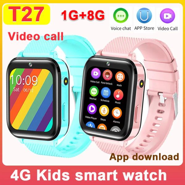 T27 4G Kids Smart Watch Phone 1G RAM 8G ROM GPS HD Video Chamada SOS Relógio de tela de 1,7 polegada com aplicativo Download Children SmartWatch