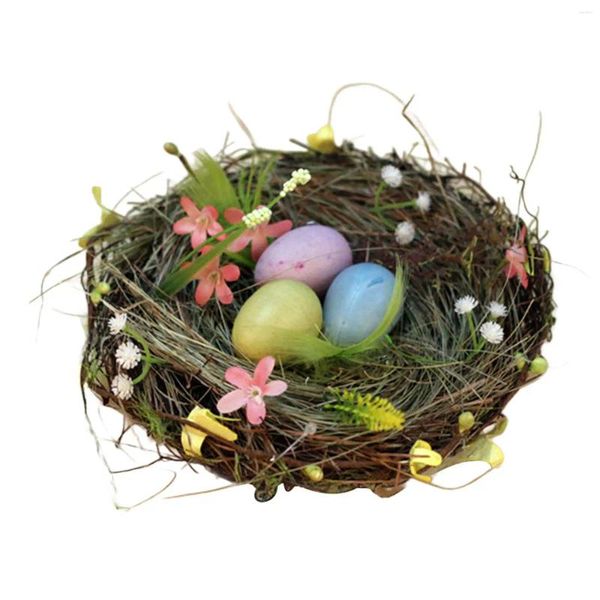 Gartendekorationen Ostern Vogelnest Handwerk Desktop Ornament mit bunten Eiern für Büro Outdoor Indoor Wohnzimmer Innenhof