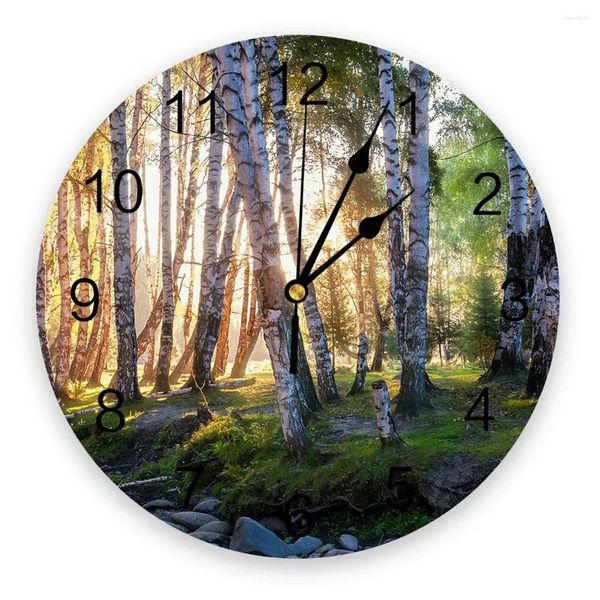 Relógios de parede Bétula Floresta Madeiras Cedo Manhã Relógio Redondo Criativo Decoração de Casa Sala de Estar Quartzo Agulha Pendurado Relógio