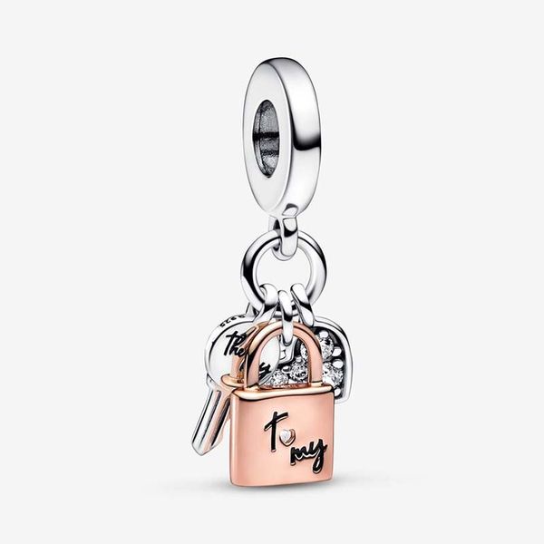 Zweifarbiger Schlüssel-Vorhängeschloss-Herz-Charm mit dreifachem Anhänger, Pandoras 925 Sterling Silber, Luxus-Charm-Set, Armbandherstellung, Roségold-Charms, Designer-Halskettenanhänger, Originalverpackung