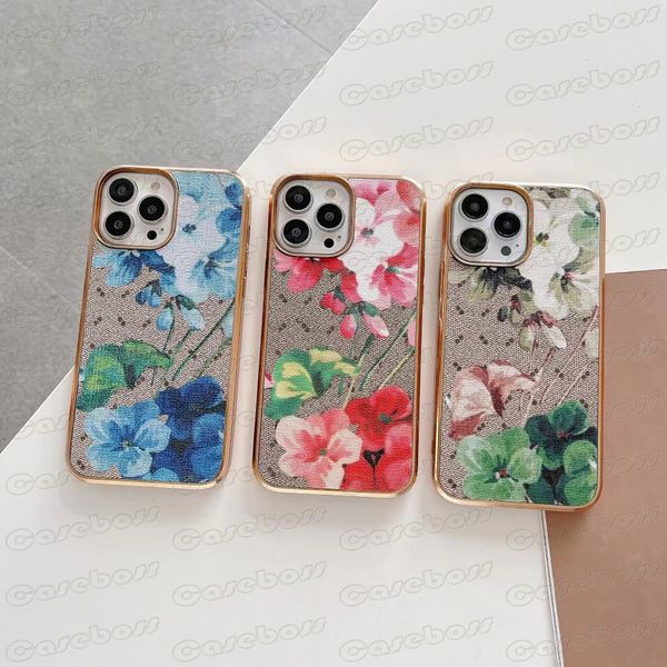 Designer galvanizado TPU Phone Case para iPhone 15 14 Plus 13 12 Pro Max 11 PU Couro Voltar Moda Capa Carta Floral Cartoon Shell com Padrão Famoso