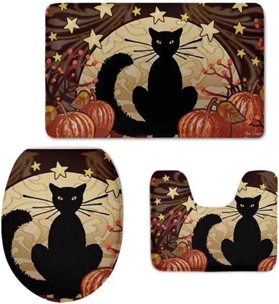 Matten, 3 Stück/Set, Badezimmerteppich, Halloween-Dekorationen, schwarze Katze, Toilettenbodenteppich, Tank-Top-Toilettendeckelbezug für Waschraum