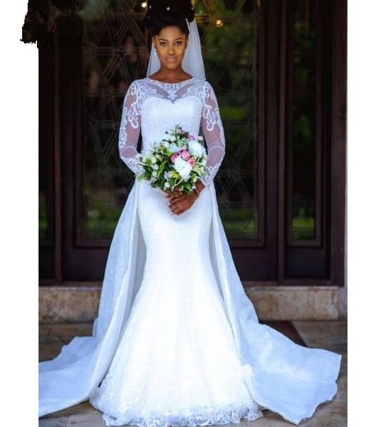 Novo romântico plus size 2 peças africano manga longa renda sereia vestido de casamento pura saia destacável trem vestidos de noiva robe de ma6882818