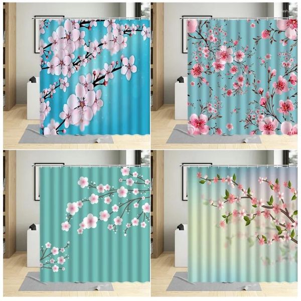 Duschvorhänge im japanischen Stil, rosa Pflaume, Blumenvorhang, Blumenpflanzen, Malerei, Dekorstoff, Badezimmer, Zuhause, wasserdicht, mit Haken