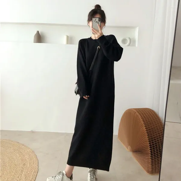 Vestidos casuais 2024 mulheres outono inverno gola redonda angora maxi suéteres feminino manga longa reta oversized malha