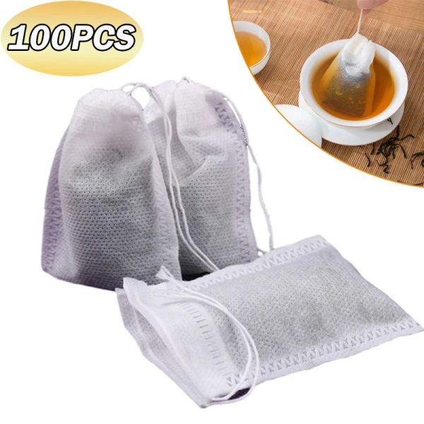 100pcs/lot tek kullanımlık çay poşetleri dokuma olmayan kumaş çay filtre çantaları, baharat çayı için çizim filtre kağıdı ile bitki gevşek çay için kağıt