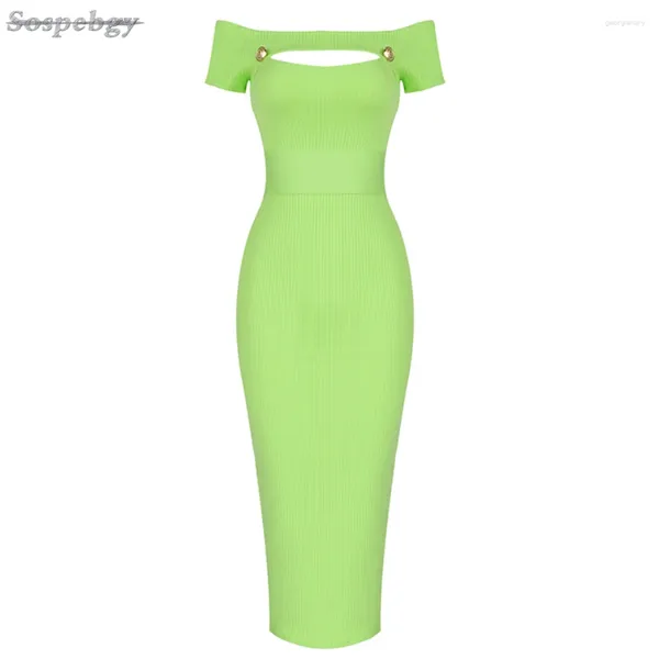 Partykleider Sommer Frauen Kurzarm Midi Kleid Sexy Ein Wort Kragen Hohl Bodycon Grün Damen Club Verband Vestidos 2024