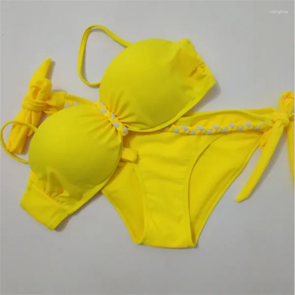 Mulheres Swimwear Amarelo Beach Wear Plus Size Swimsuit Mulheres Push Up Bikini Set Menina Bras Terno de Natação 3XL Bandeau Ternos de Banho 2024