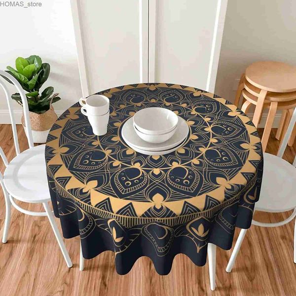 Toalha de mesa dourada mandala boho toalha de mesa redonda de 60 polegadas capa de poliéster mancha e toalha de mesa resistente a rugas para festa de jantar y240401