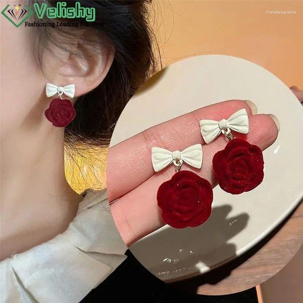 Ohrstecker Vintage Rote Beflockte Rose Für Frauen Luxus Einfaches Design Elegante Weinfee Schönheit Blumenohrring Schmuck