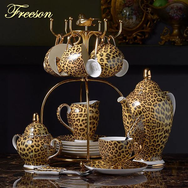 Leopardo impressão osso china conjunto de café luxo porcelana conjunto de chá pote copo cerâmica caneca açúcar tigela creme bule drinkware coffeeware 240319