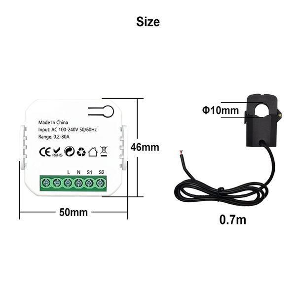 Tuya WiFi Energy Meter 80A Clamp Transformer Currente KWH Monitoraggio elettrico Monitoraggio delle statistiche elettriche per Alexa Google Home