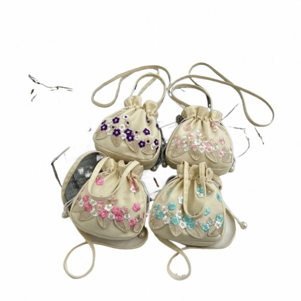 Floral bordado cordão saco feminino vintage estilo chinês bolsa phe saco estilo étnico fr crossbody saco balde y27a #