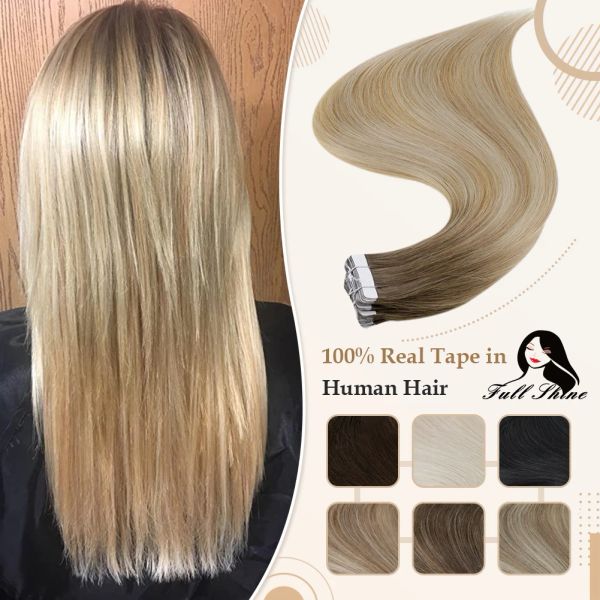 Extensões de cabelo natural com brilho total, fita em extensões 100% remy, cabelo humano, ombre, 40 peças, 100g, balayage, sem costura, cola loira no cabelo para mulher