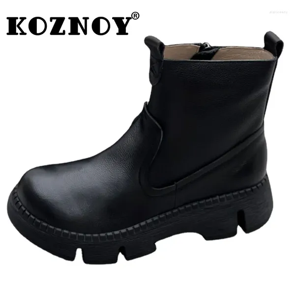 Stivali Koznoy 4,5 cm Pelle scamosciata di mucca Vera pelle Autunno caldo Appartamenti Caviglia in gomma Comodi mocassini con zeppa Stivaletti con zeppa Primavera Inverno Peluche Scarpe da donna