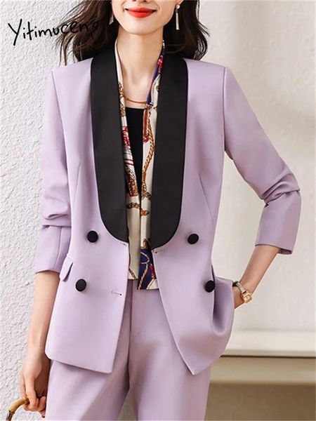 Calças femininas de duas peças Yitimuceng Office Ladies Define Womens Outifits 2024 Manga Longa Double Breasted Blazers Casual Loose Pant Suits